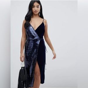 NWT ASOS DESIGN Size 12 Sequin & Velvet Cami Wrap MIDI Dress Royal Blue